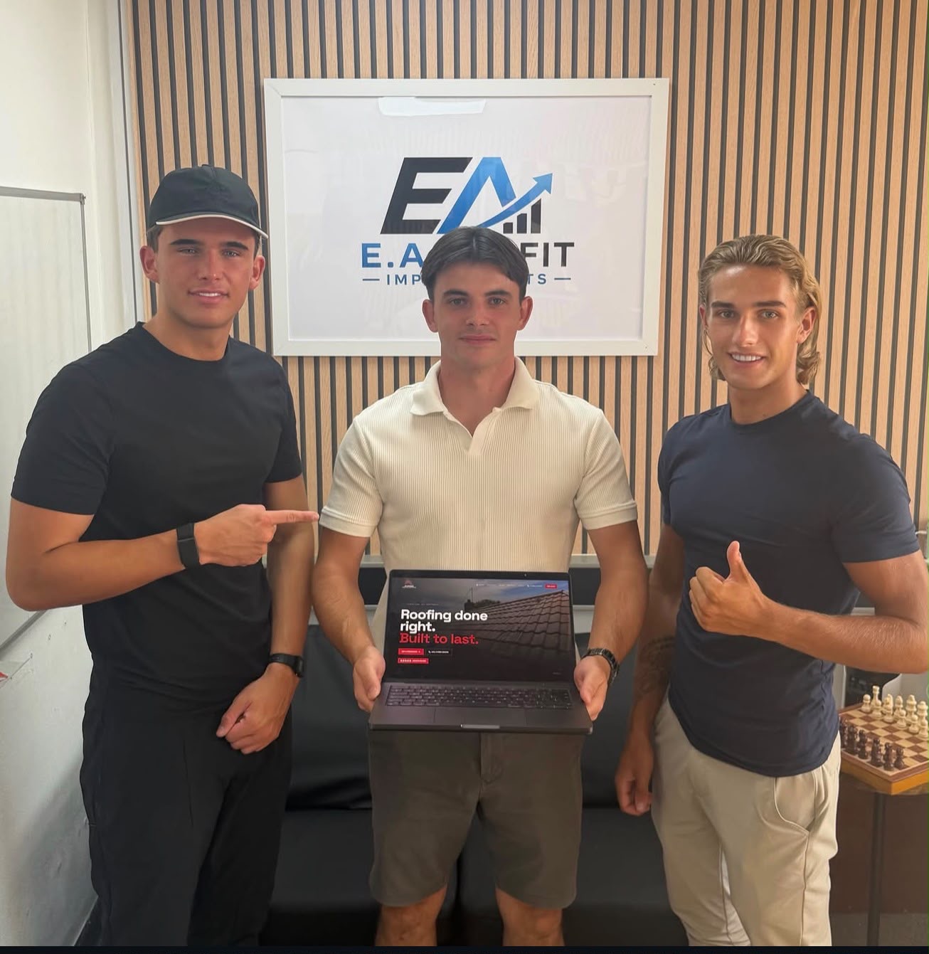 Leo and Alfie with the director of FH Roofing Services after launching his website and Meta ad campaign